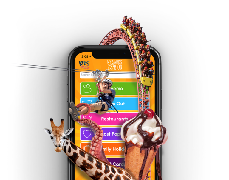 Kids Pass app showing savings on cinema, days out, restaurants and family holidays