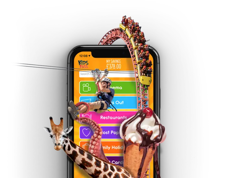 Kids Pass app showing savings on cinema, days out, restaurants and family holidays